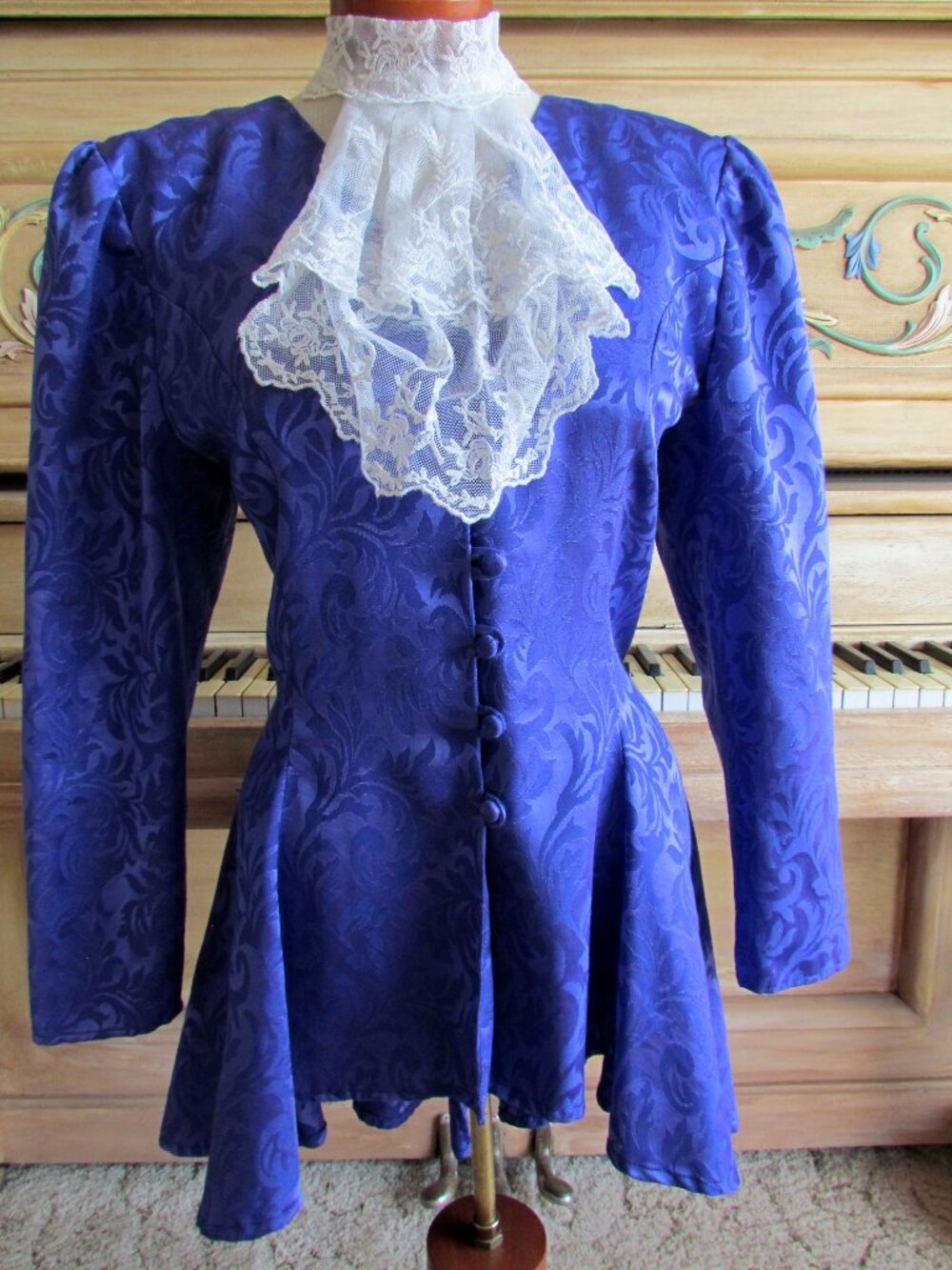 VINTAGE COSTUME JACKET + SKIRT, L, PURPLE BROCADE PIRATE GEORGIAN DRAMA C. 1980s